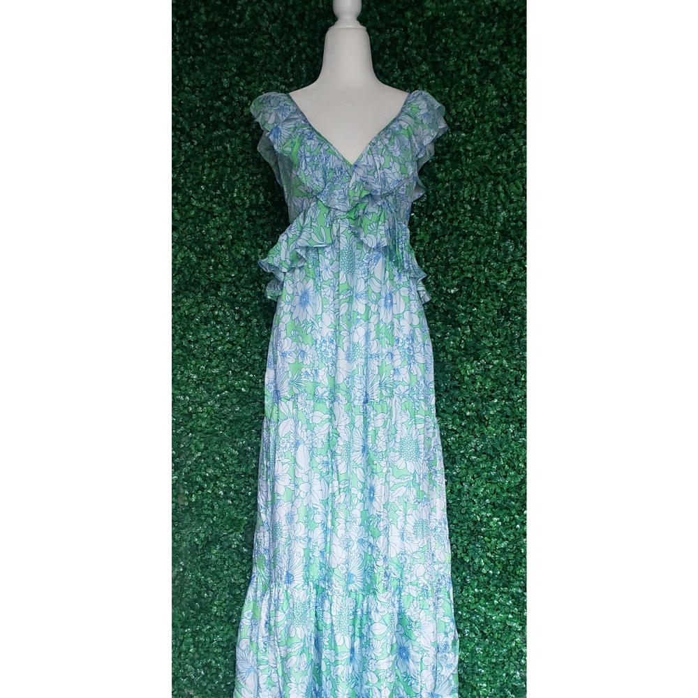 71. J.Crew Collection ruffle-trim cutout maxi dress in lime floral - Picture 5 of 12